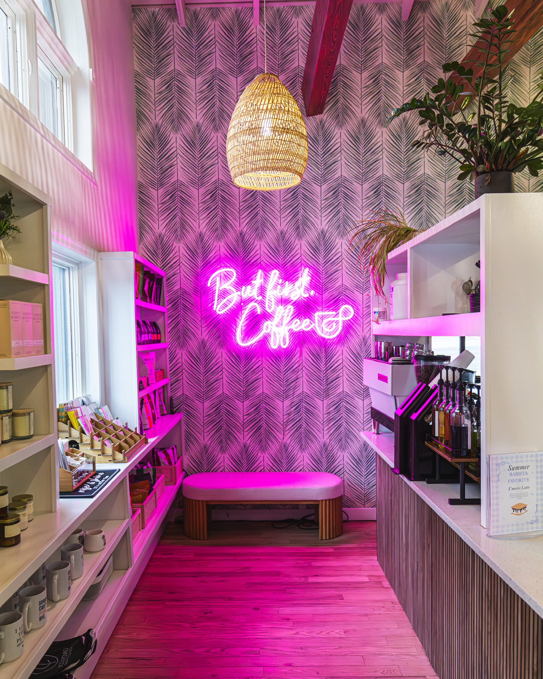 The 'But first, coffee' neon inside The Compound Coffee Co.